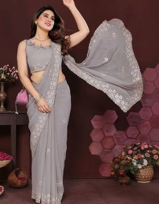 Grey pure georgette embroidered saree with blouse 3