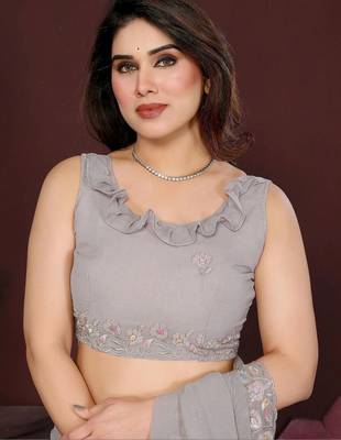 Grey pure georgette embroidered saree with blouse 5