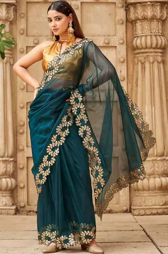 Teal net embroidered saree with blouse