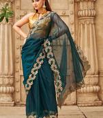 Teal net embroidered saree with blouse