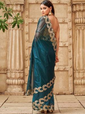 Teal net embroidered saree with blouse 3