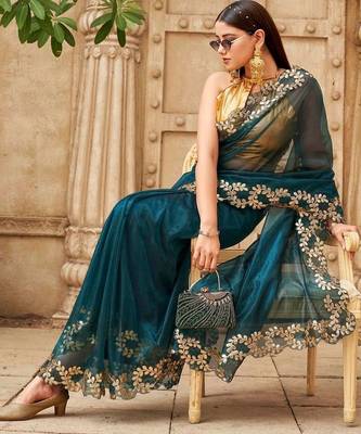 Teal net embroidered saree with blouse 4