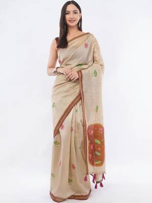 Beige silk blend printed saree with blouse 1