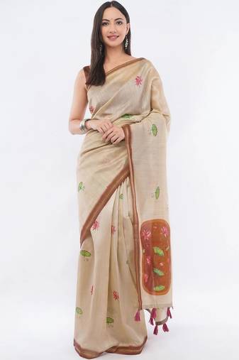 Beige silk blend printed saree with blouse