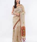 Beige silk blend printed saree with blouse