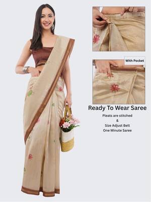Beige silk blend printed saree with blouse 2