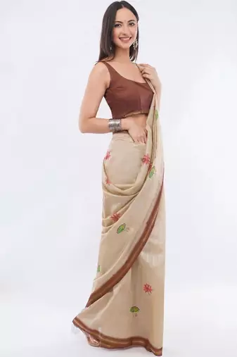 Beige silk blend printed saree with blouse