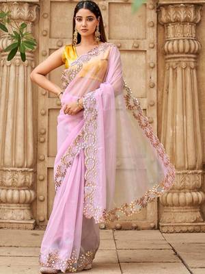 Pink net solid saree with blouse 1