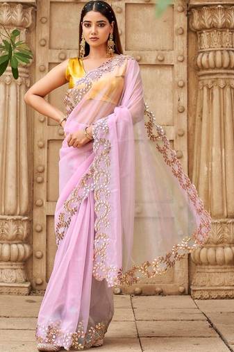 Pink net solid saree with blouse