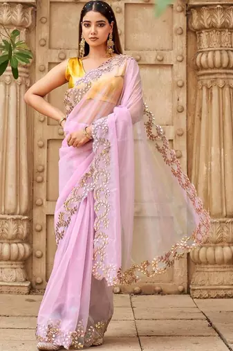 Pink net solid saree with blouse
