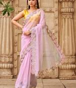 Pink net solid saree with blouse