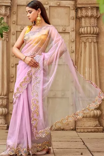 Pink net solid saree with blouse