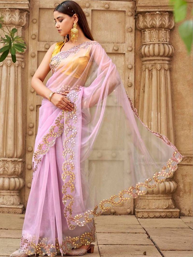 Pink net solid saree with blouse