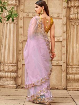 Pink net solid saree with blouse 3