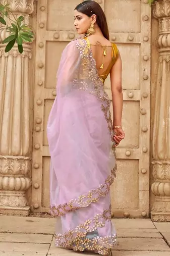 Pink net solid saree with blouse