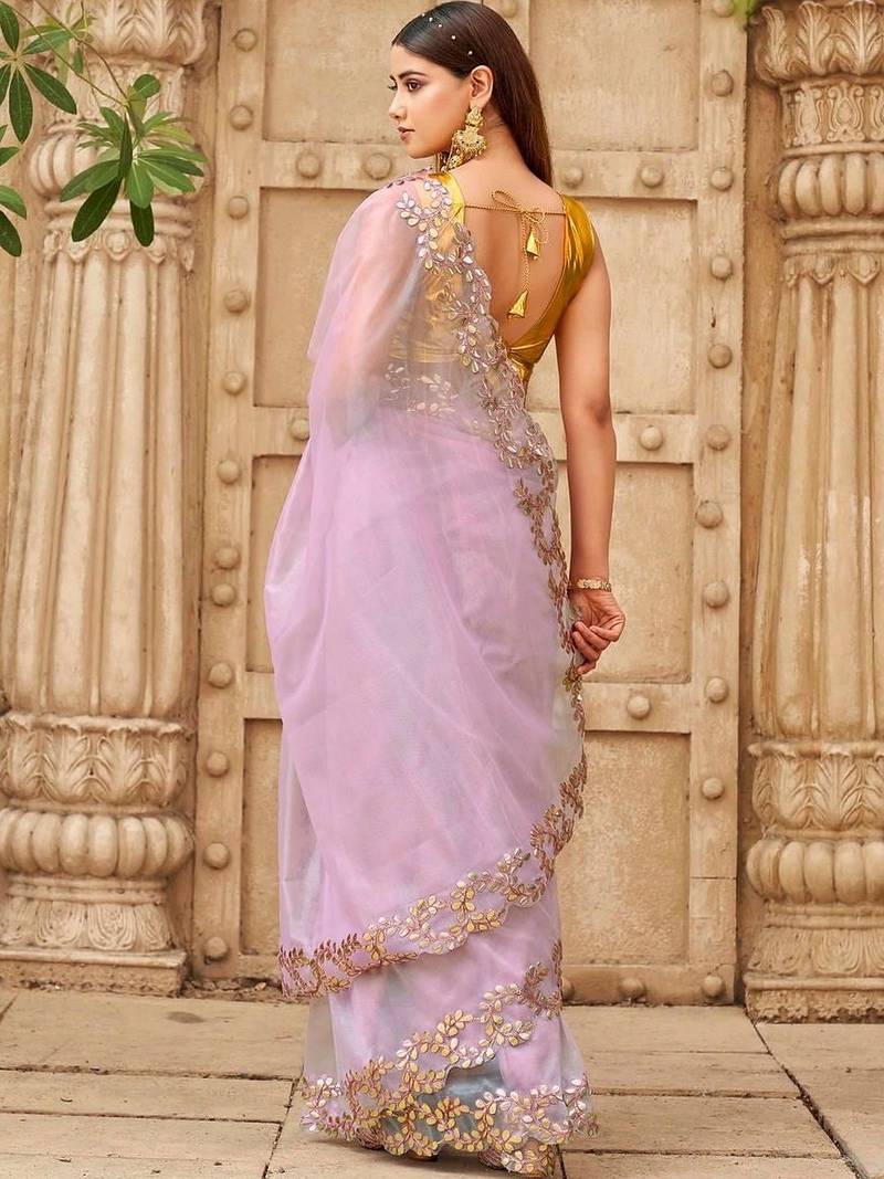 Pink net solid saree with blouse