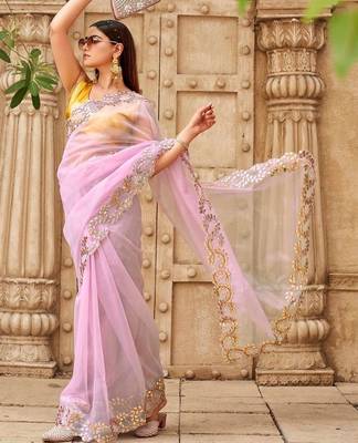 Pink net solid saree with blouse 4