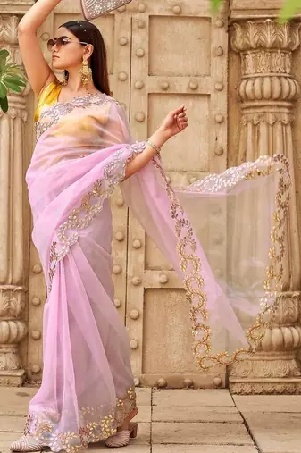 Pink net solid saree with blouse