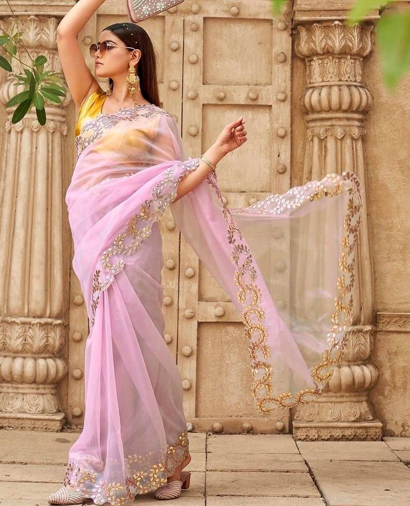 Pink net solid saree with blouse