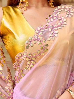 Pink net solid saree with blouse 5