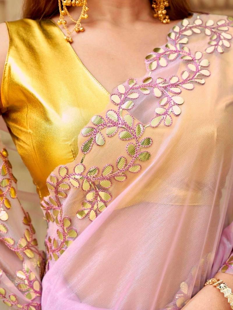 Pink net solid saree with blouse