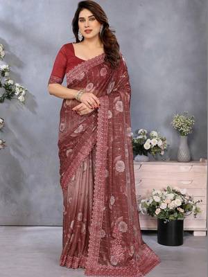 Maroon georgette embroidered saree with blouse 1
