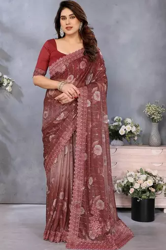 Maroon georgette embroidered saree with blouse