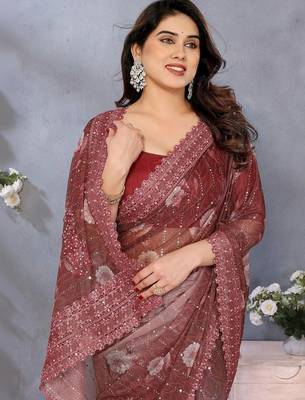 Maroon georgette embroidered saree with blouse 2