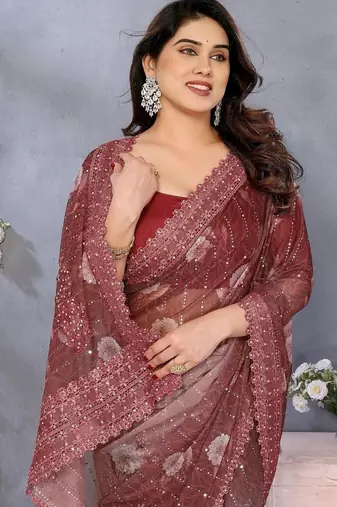 Maroon georgette embroidered saree with blouse