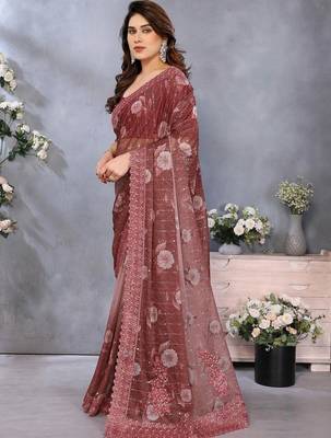 Maroon georgette embroidered saree with blouse 3