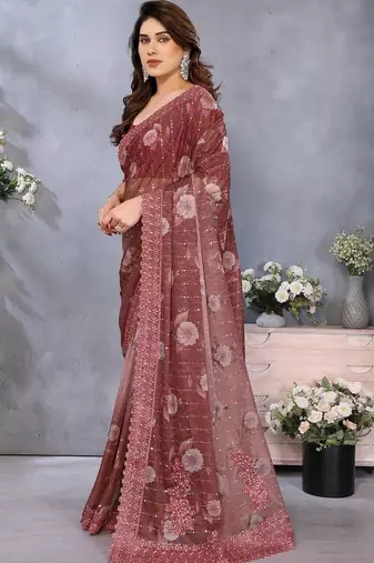 Maroon georgette embroidered saree with blouse