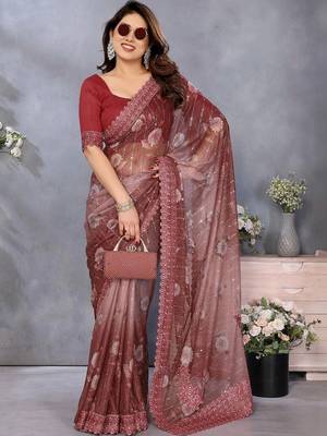 Maroon georgette embroidered saree with blouse 5