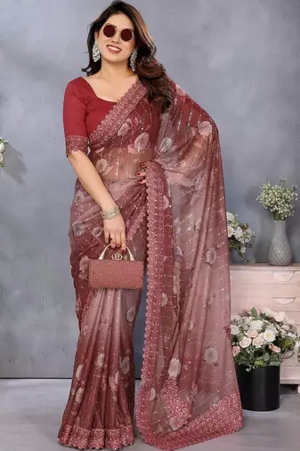Maroon georgette embroidered saree with blouse