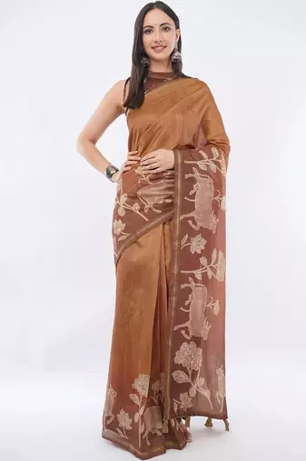 Brown silk blend printed saree with blouse