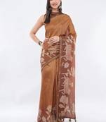 Brown silk blend printed saree with blouse
