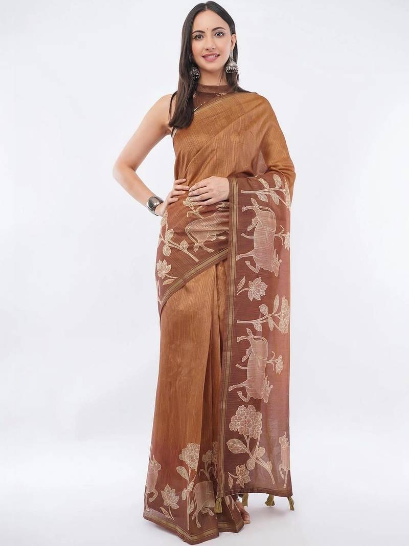 Brown silk blend printed saree with blouse