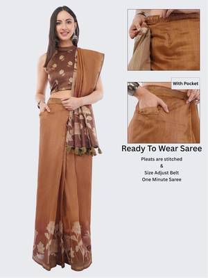 Brown silk blend printed saree with blouse 2