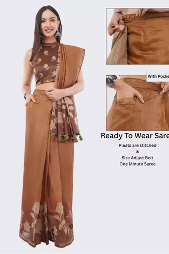 Brown silk blend printed saree with blouse