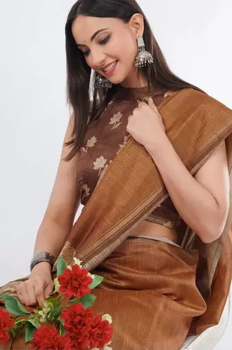 Brown silk blend printed saree with blouse