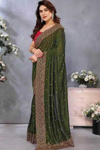 Olive silk blend embroidered saree with blouse