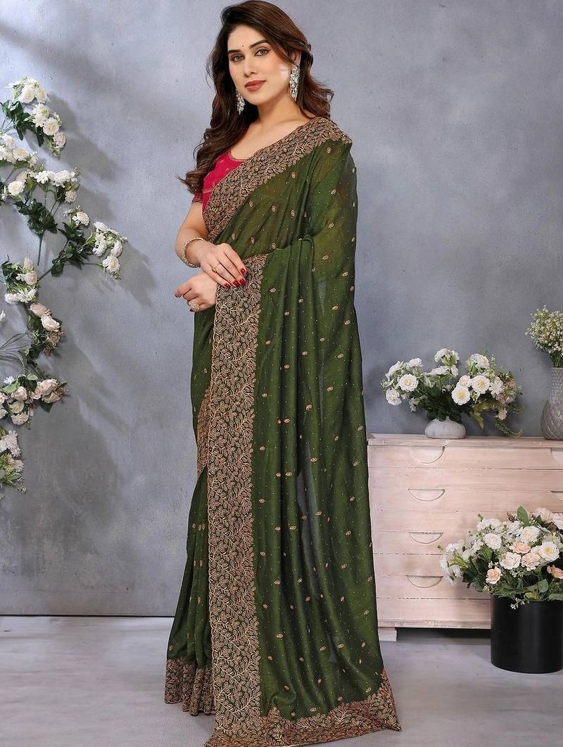 Olive silk blend embroidered saree with blouse