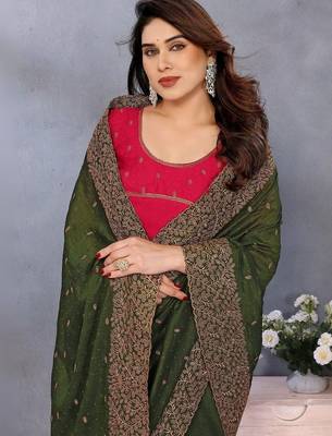 Olive silk blend embroidered saree with blouse 2