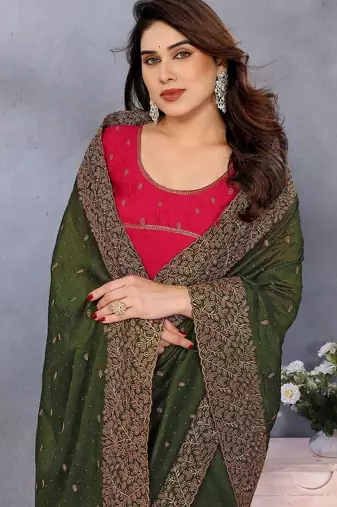 Olive silk blend embroidered saree with blouse