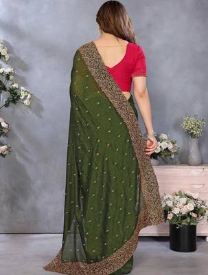 Olive silk blend embroidered saree with blouse 3