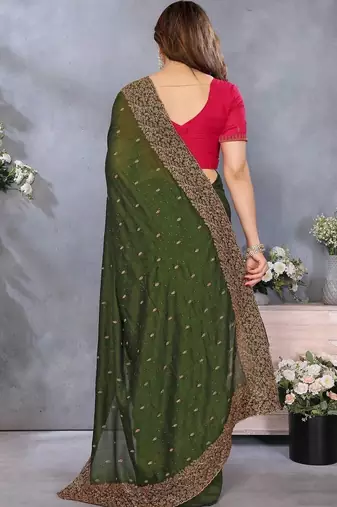 Olive silk blend embroidered saree with blouse