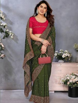 Olive silk blend embroidered saree with blouse 4
