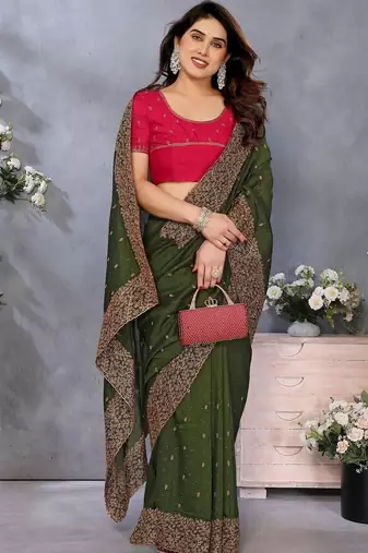 Olive silk blend embroidered saree with blouse