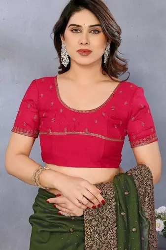 Olive silk blend embroidered saree with blouse