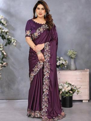 Purple satin embroidered saree with blouse 1