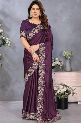 Purple satin embroidered saree with blouse